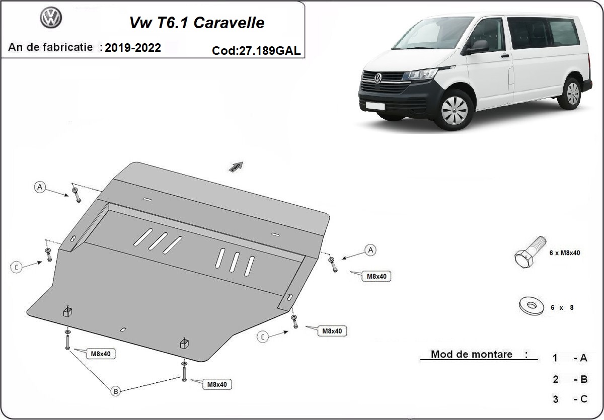 Pozinkovaný ocelový kryt olejové vany pro Volkswagen Transporter T6.1 Caravelle 2019 - 2022, všechny motory