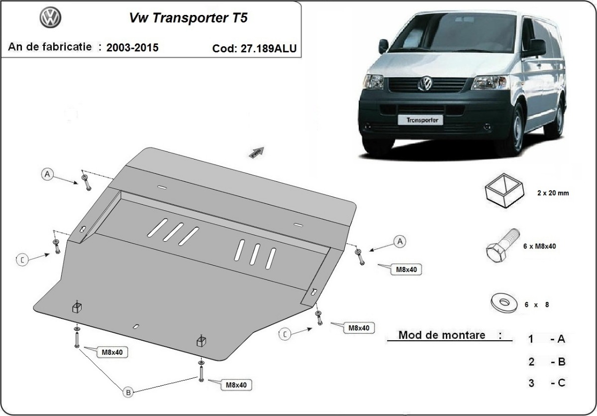 Hliníkový kryt pod olejovou nádrž pro Volkswagen Transporter T5 2003 - 2015, všechny motory