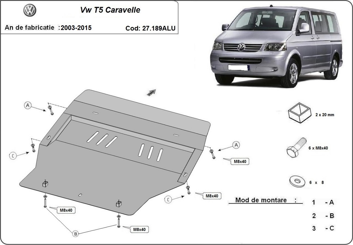 Hliníkový kryt pod olejovou nádrž pro Volkswagen Transporter T5 Caravelle 2003 - 2015, všechny motory