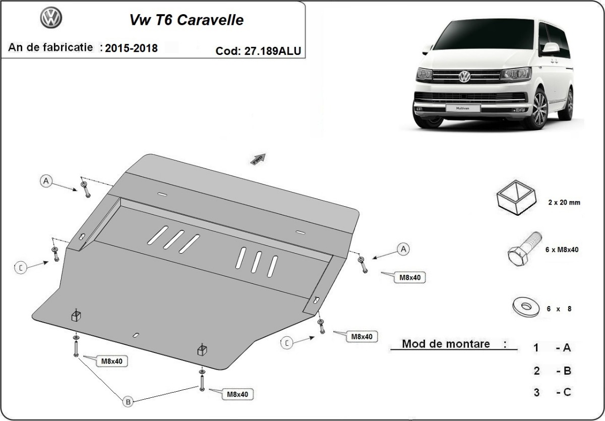 Hliníkový kryt pod olejovou nádrž pro Volkswagen Transporter T6 Caravelle 2015 - 2018, všechny motory