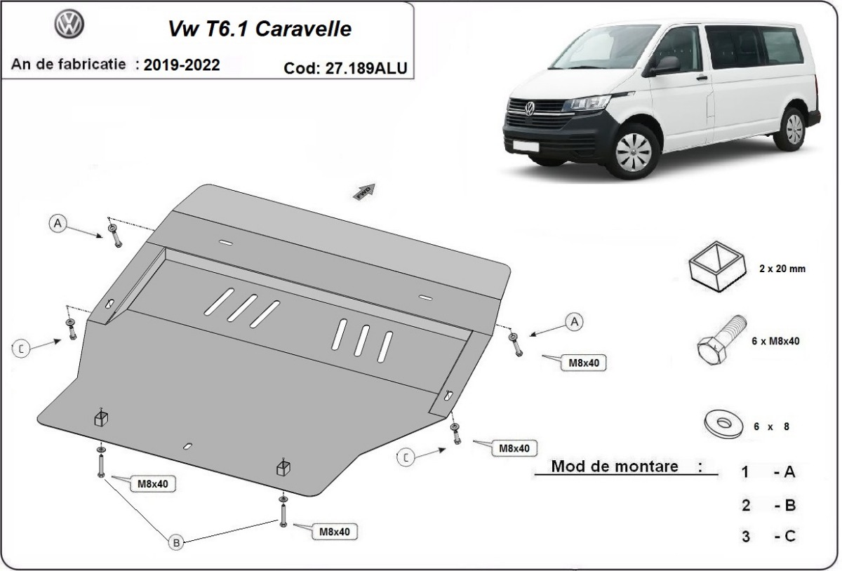 Hliníkový kryt pod olejovou nádrž pro Volkswagen Transporter T6.1 Caravelle 2019 - 2022, všechny motory