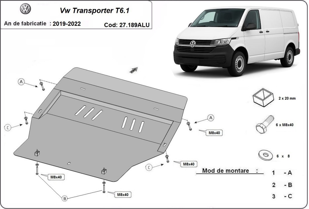 Hliníkový kryt olejové vany pro Volkswagen Transporter T6.1 2019 - 2022, všechny motory