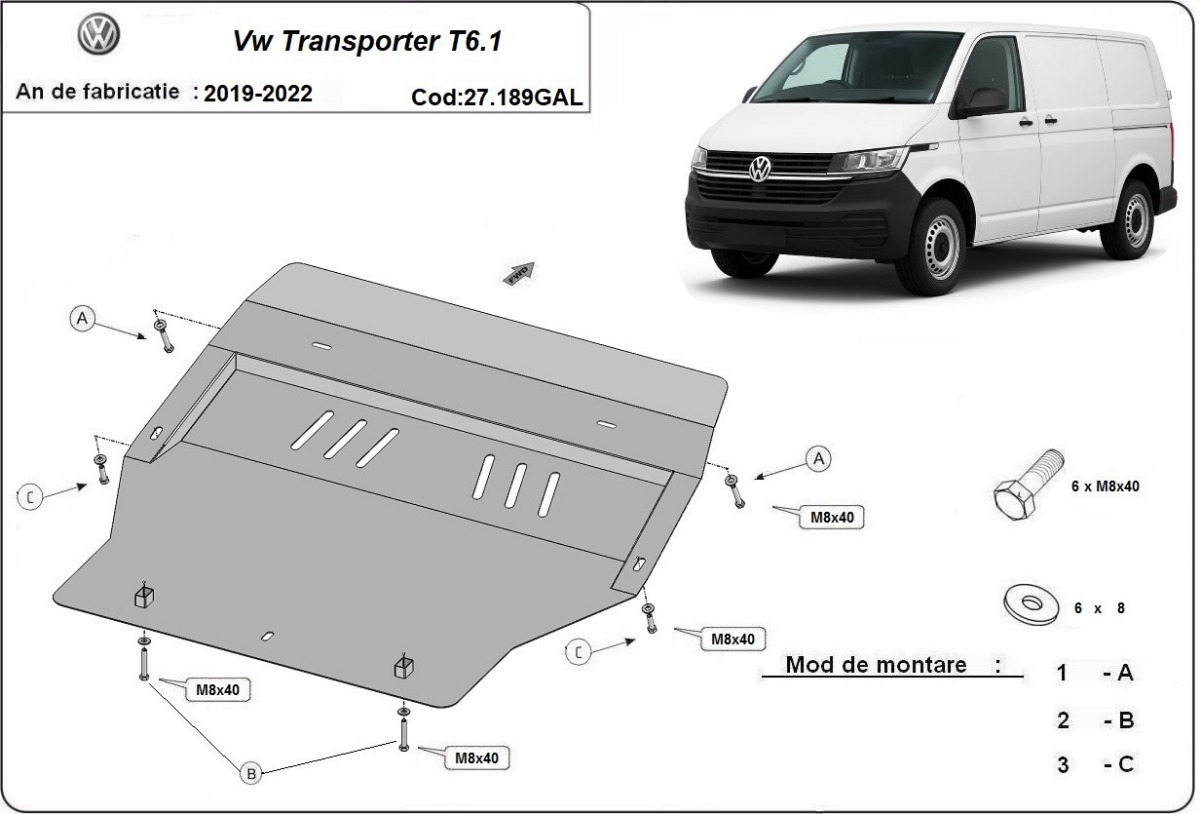 Pozinkovaný ocelový kryt olejové vany pro Volkswagen Transporter T6.1 2019 - 2022, všechny motory