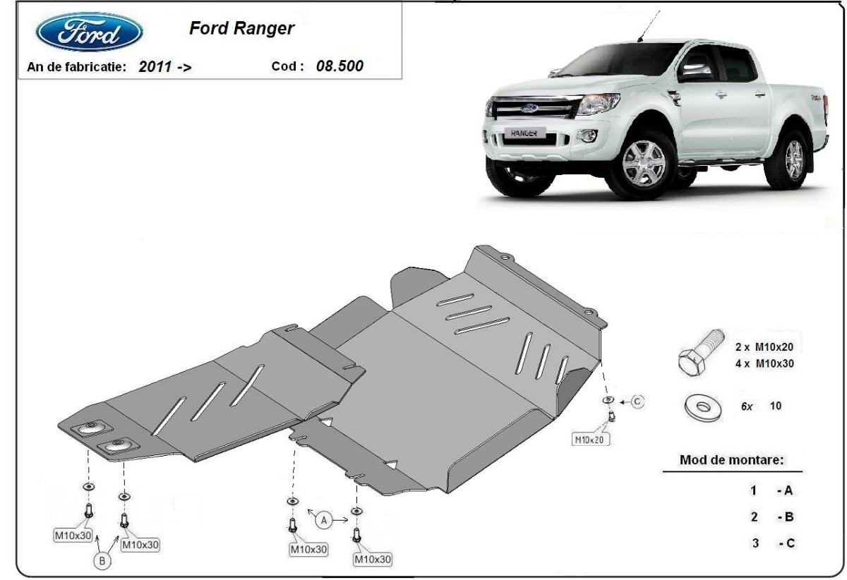 Ocelový kryt olejové vany pro Ford Ranger 2010 - 2023, všechny motory