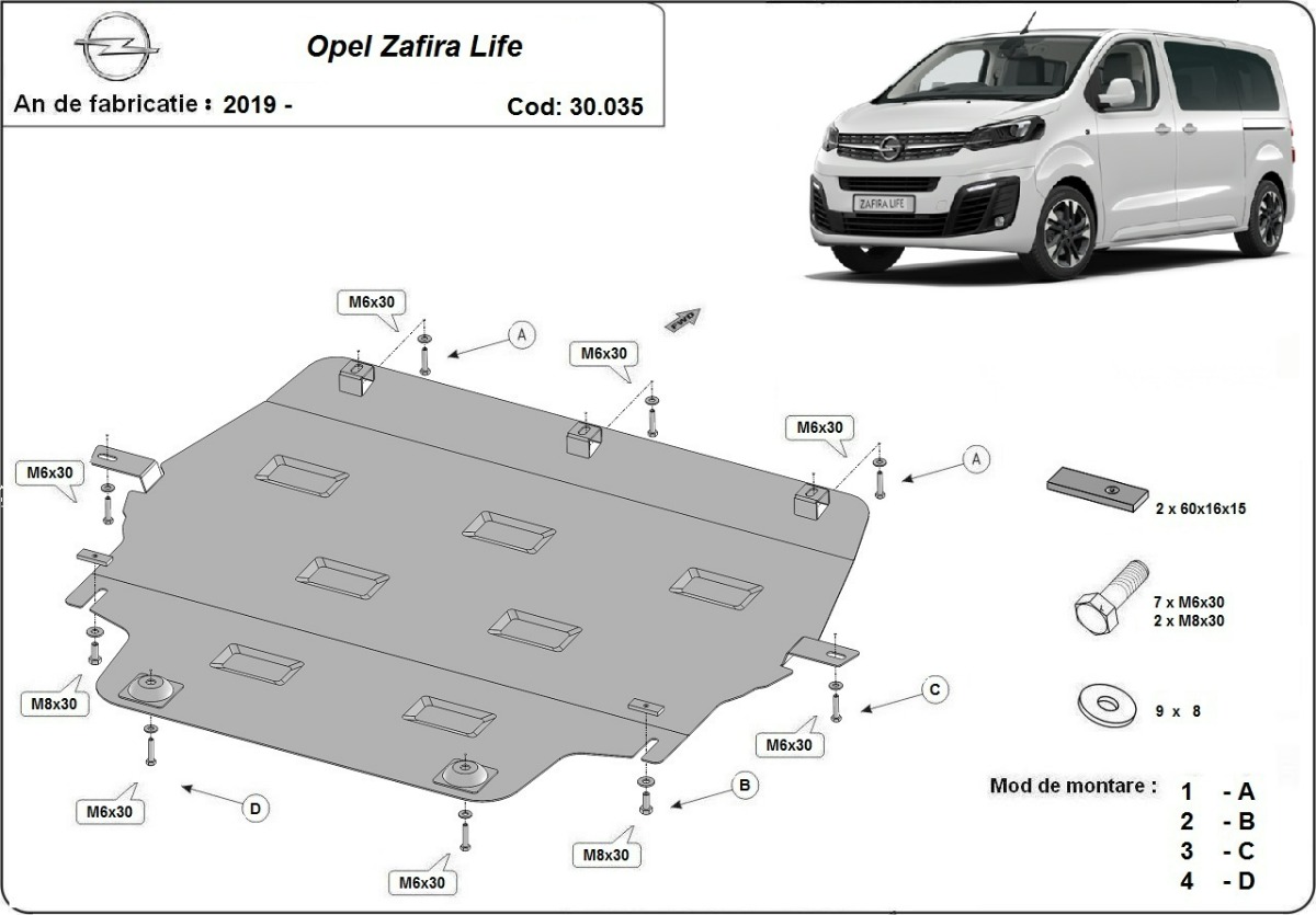 Ocelový kryt olejové vany pro Vauxhall Zafira Life 2019 - 2026, všechny motory