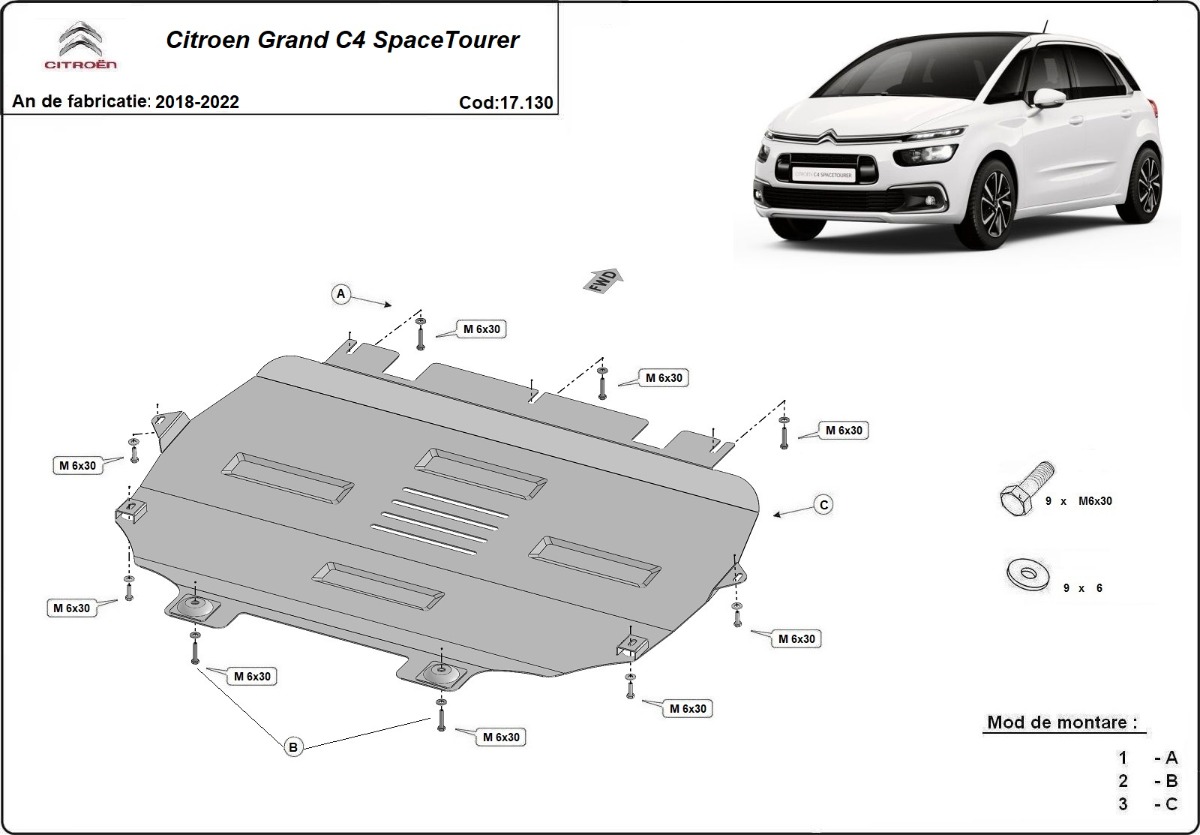 Ocelový kryt olejové vany pro Citroen Grand C4 SpaceTourer 2018 - 2022, všechny motory