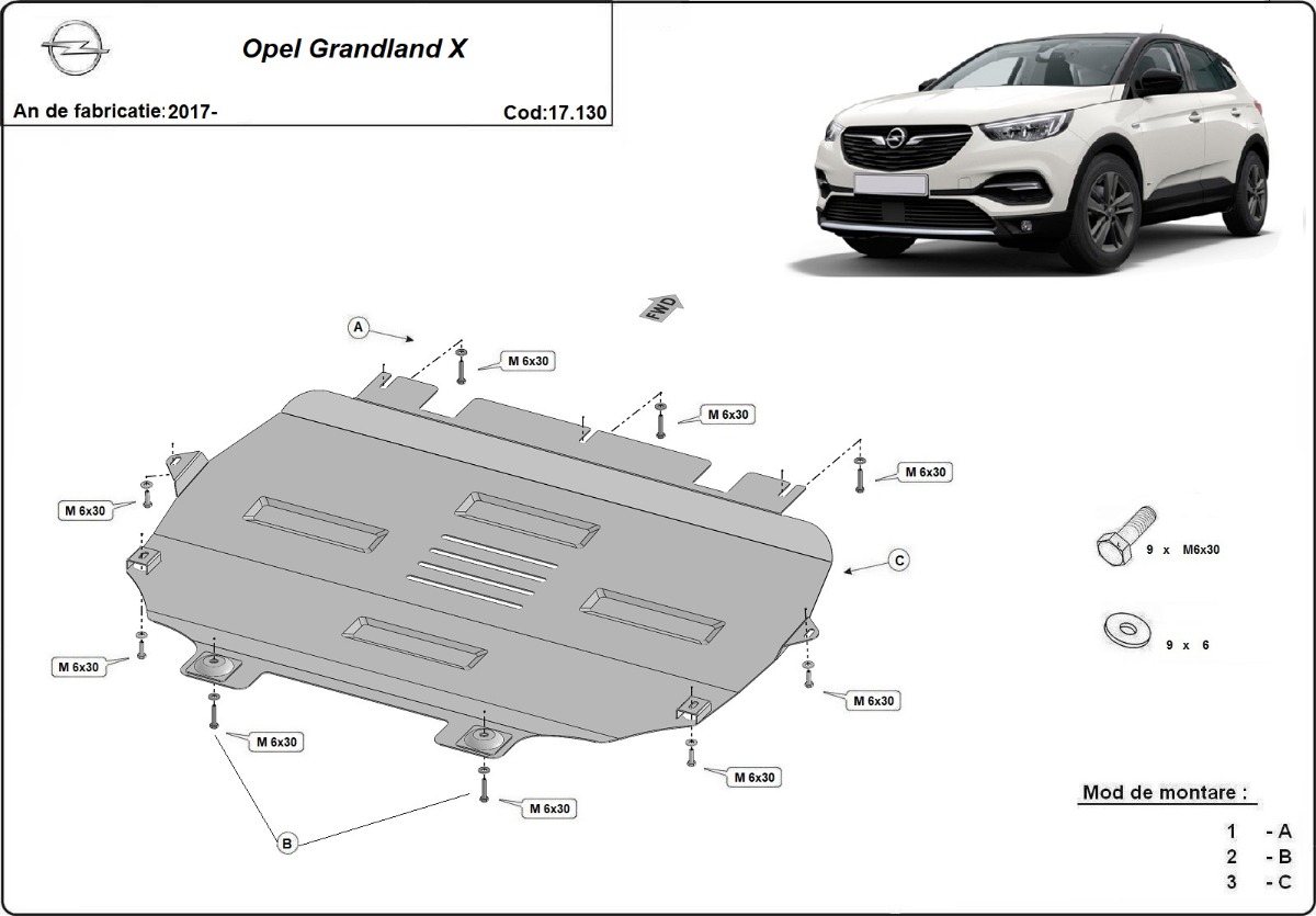 Ocelový kryt olejové vany pro Vauxhall Grandland X 2017 - 2026, všechny motory