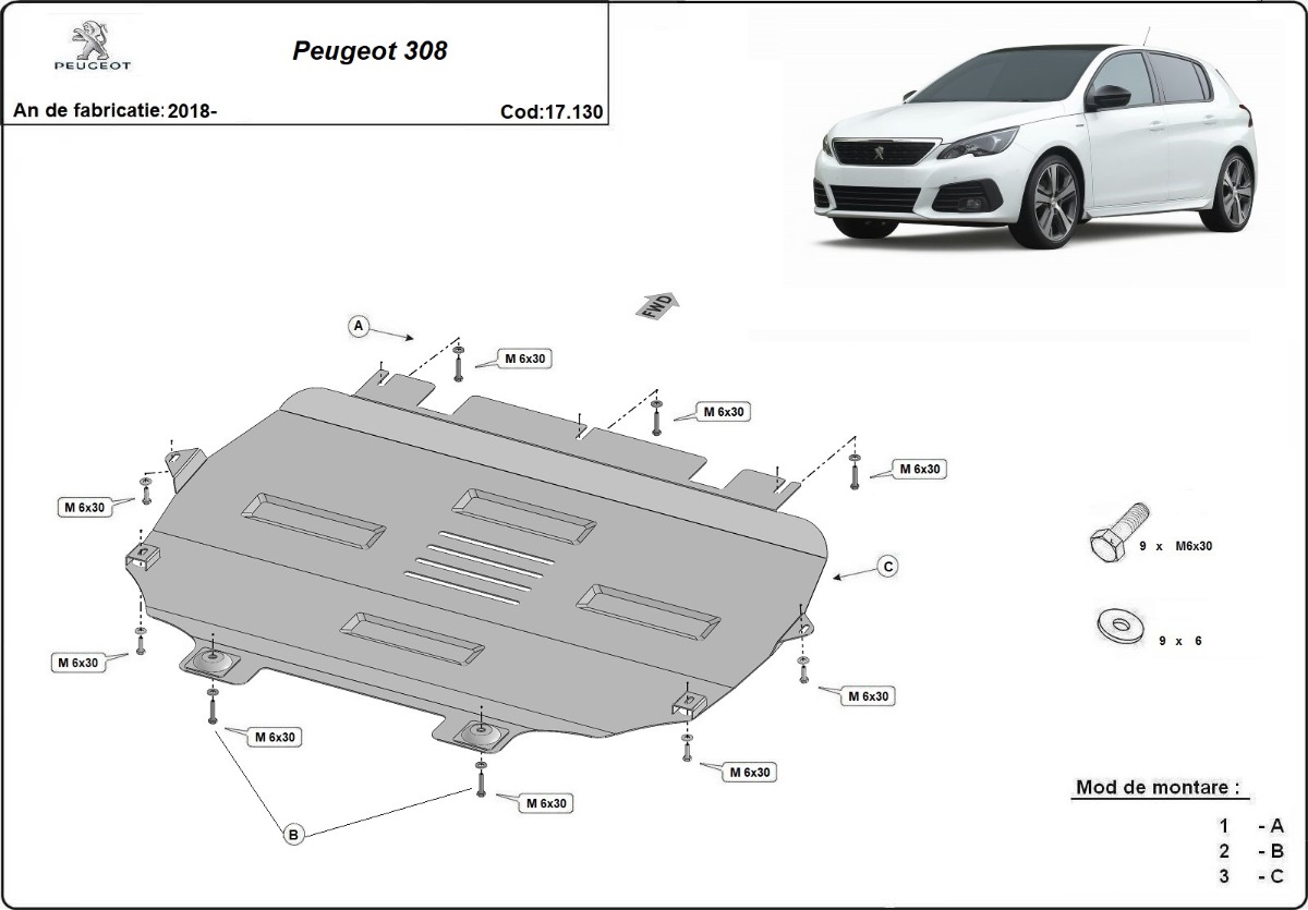 Ocelový kryt olejové vany pro Peugeot 308 2018 - 2026, všechny motory