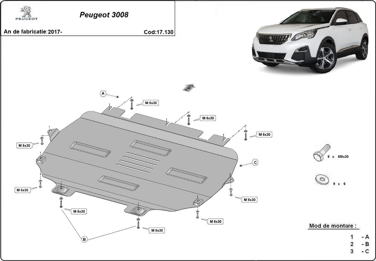 Ocelový kryt olejové vany pro ochranu motoru a převodovky pro Peugeot 3008 2017 - 2026, všechny motory