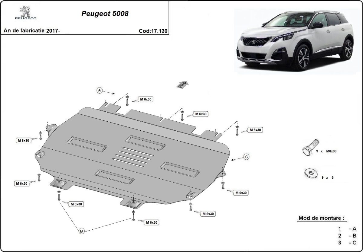 Ocelový kryt olejové vany pro ochranu motoru a převodovky pro Peugeot 5008 2017 - 2026, všechny motory