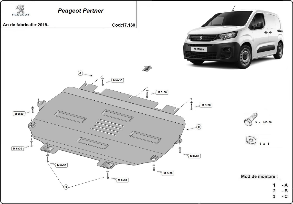 Ocelový kryt olejové vany pro Peugeot Partner 2018 - 2026, všechny motory
