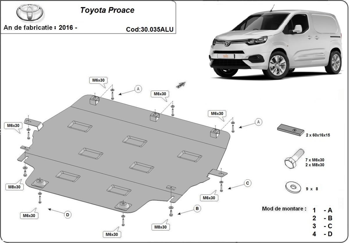 Hliníkový kryt olejové vany pro Toyota Proace 2016 - 2026, všechny motory
