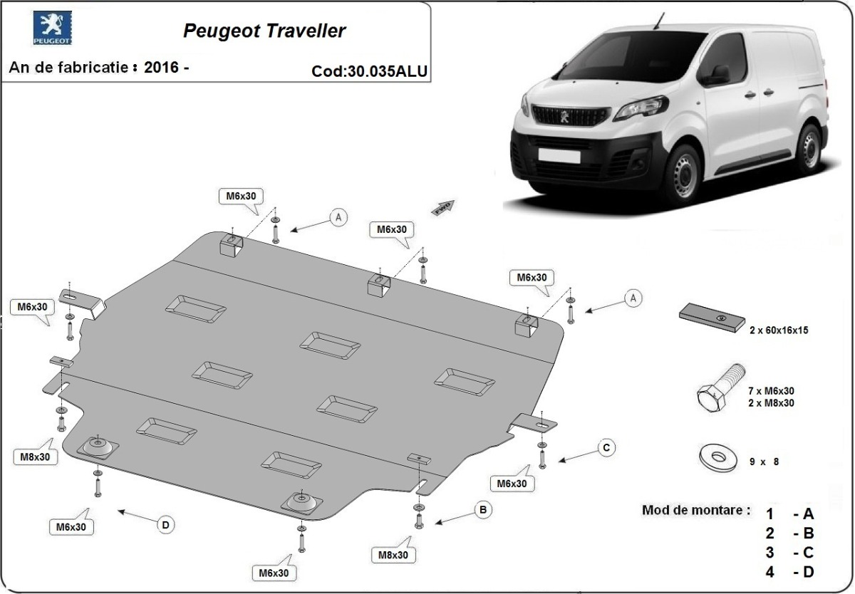 Hliníkový kryt olejové vany pro Peugeot Traveller 2016 - 2026, všechny motory