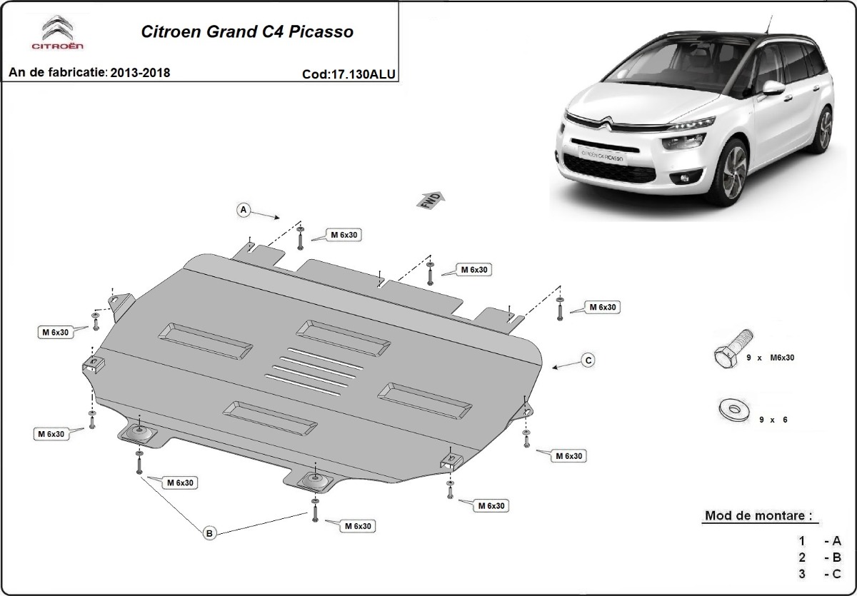 Hliníkový kryt pod olejovou nádrž pro Citroen Grand C4 Picasso 2013 - 2018, všechny motory