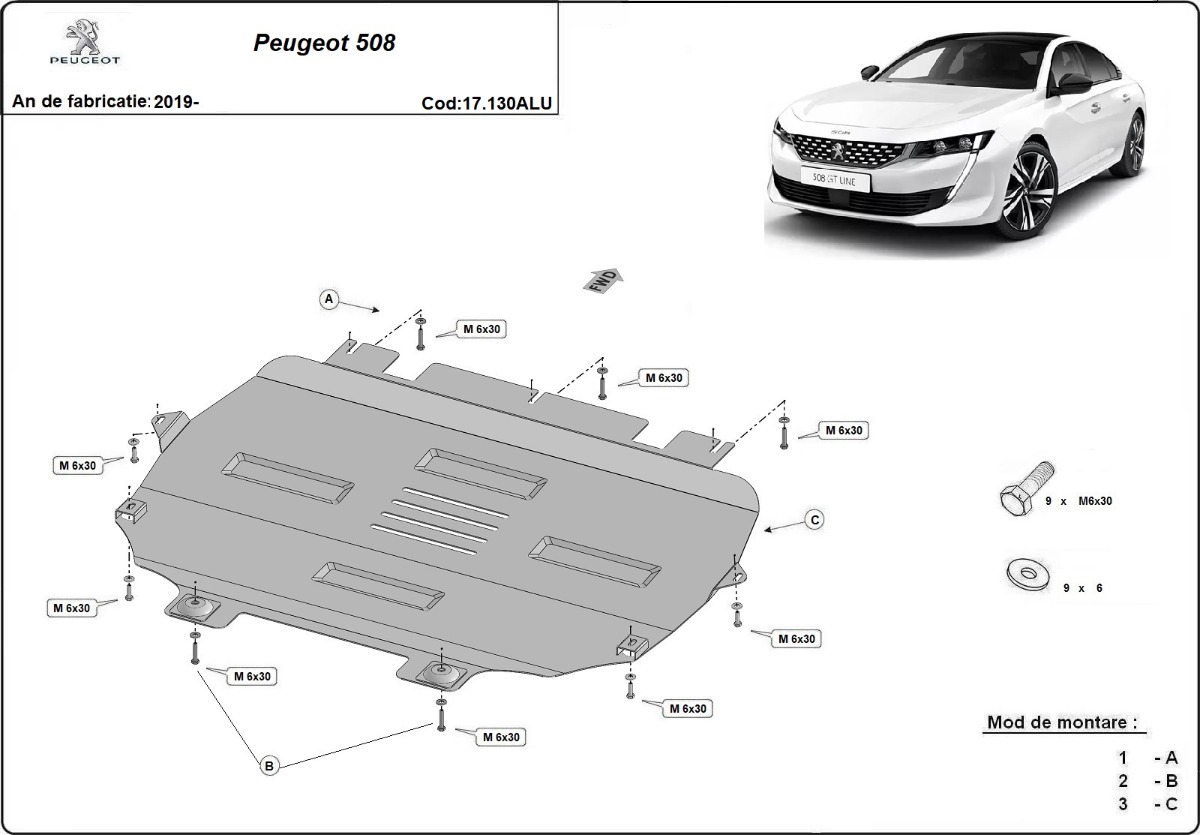 Hliníkový kryt pod olejovou nádrž pro Peugeot 508 2018 - 2026, všechny motory