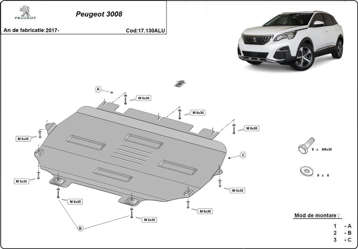 Hliníkový kryt pod olejovou nádrž pro Peugeot 3008 2017 - 2026, všechny motory