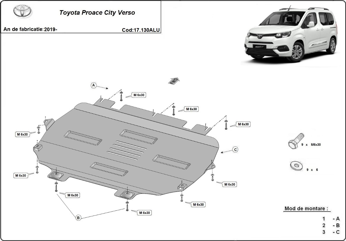 Hliníkový kryt olejové vany pro Toyota Proace City Verso 2019 - 2026, všechny motory