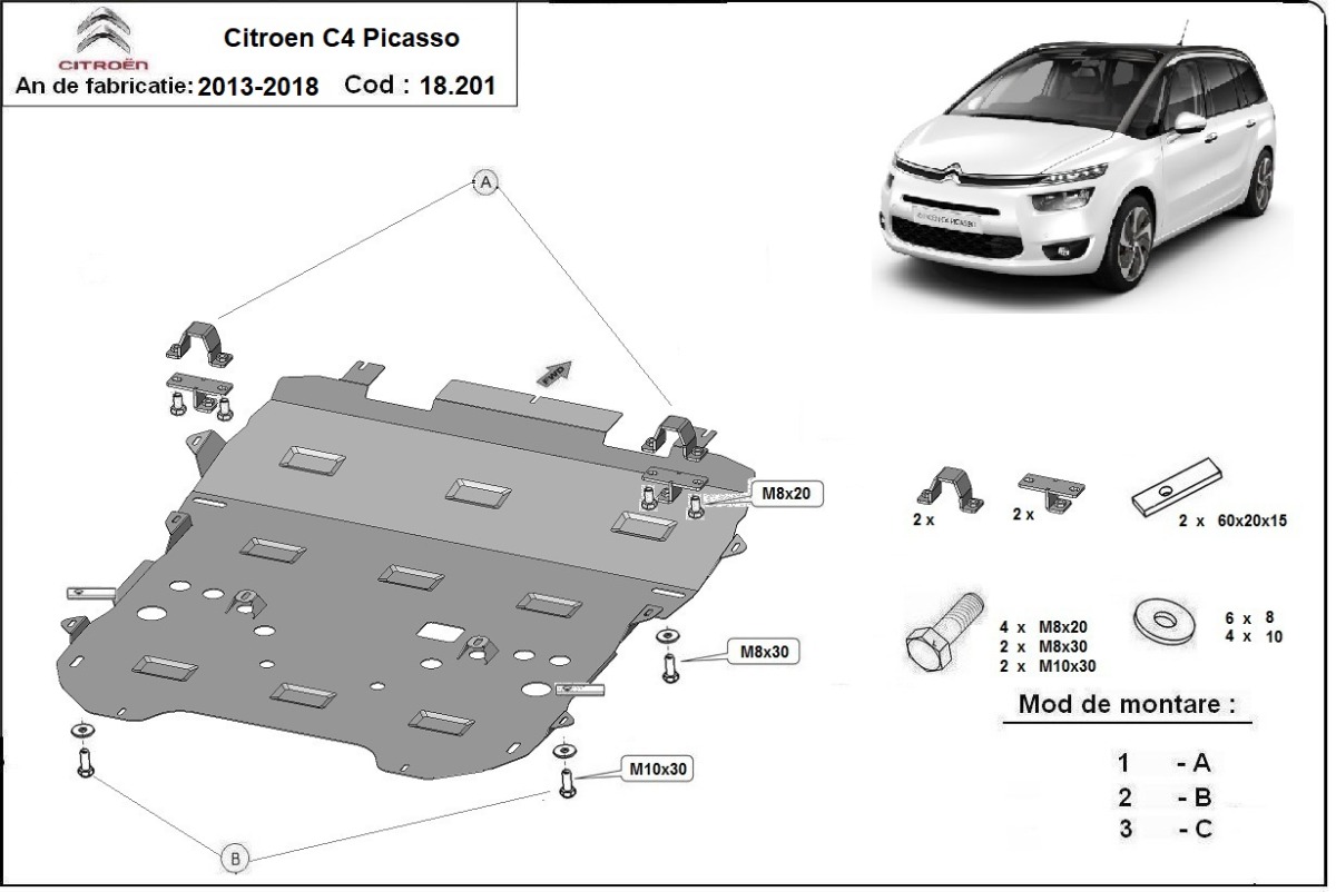 Ocelová ochrana pod olejovou vanu pro Citroen C4 Picasso 2013 - 2018, všechny motory