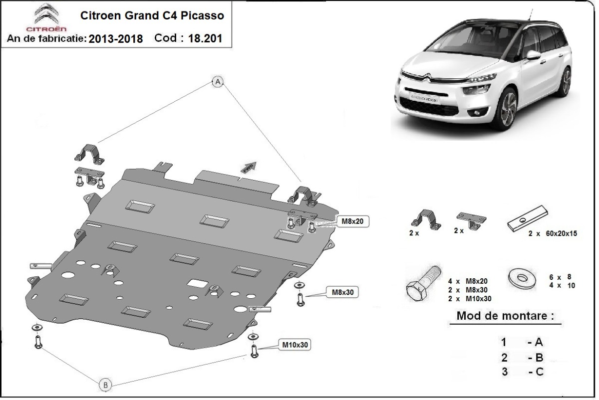 Ocelová ochrana pod olejovou vanu pro Citroen Grand C4 Picasso 2013 - 2018, všechny motory