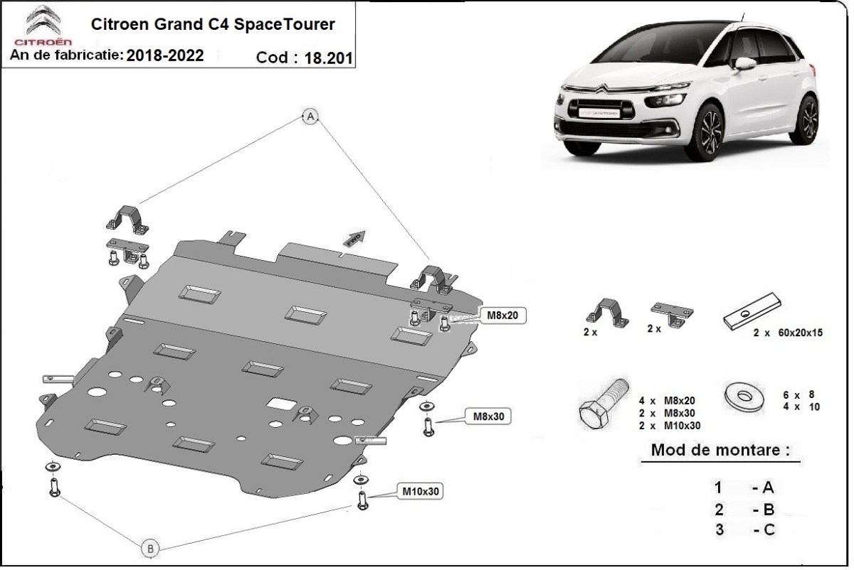 Ocelový kryt olejové vany pro Citroen Grand C4 SpaceTourer 2018 - 2020, všechny motory