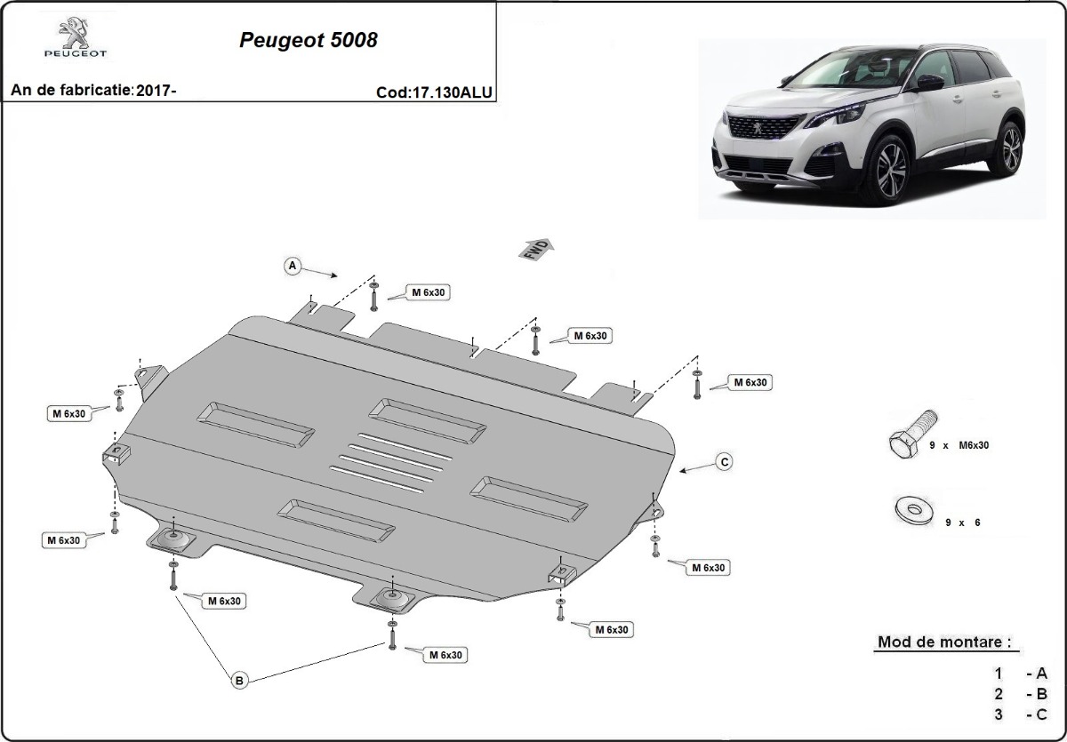 Hliníkový kryt pod olejovou nádrž pro Peugeot 5008 2017 - 2026, všechny motory
