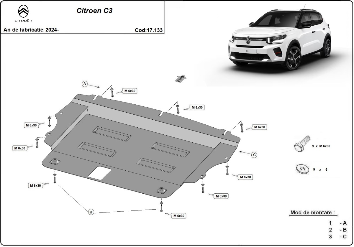 Ocelový kryt olejové vany pro Citroen C3 2024 - 2026, všechny motory