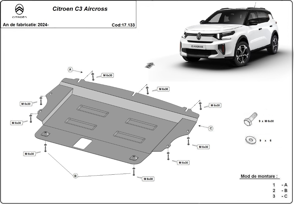 Ocelový kryt pod olejovou vanu pro Citroen C3 Aircross 2024 - 2026, všechny motory