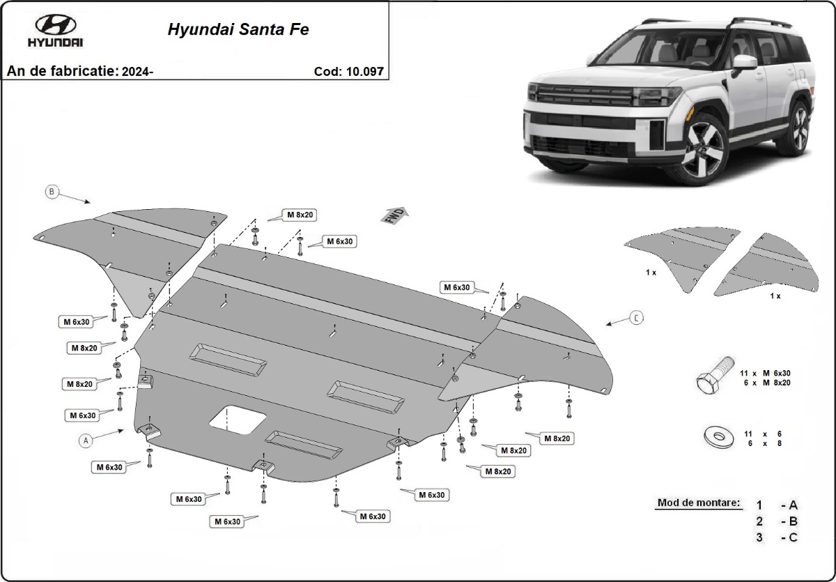 Ocelový kryt olejové vany pro Hyundai Santa Fe 2024 - 2026, všechny motory