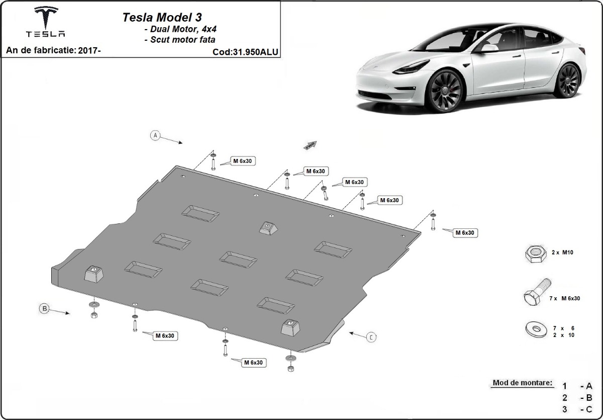 Přední elektrický hliníkový kryt motoru - Tesla Model 3 AWD 2017 - 2026, všechny motory