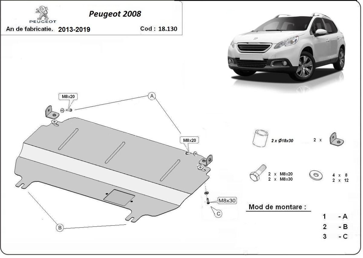Ocelový kryt olejové vany pro Peugeot 2008 2013 - 2019, všechny motory