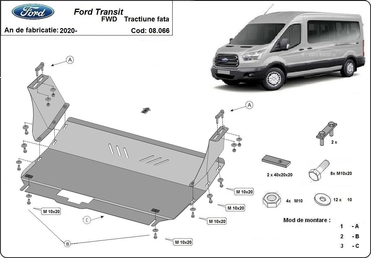 Ocelový kryt olejové vany pro Ford Transit - pohon předních kol 2020 - 2026, všechny motory