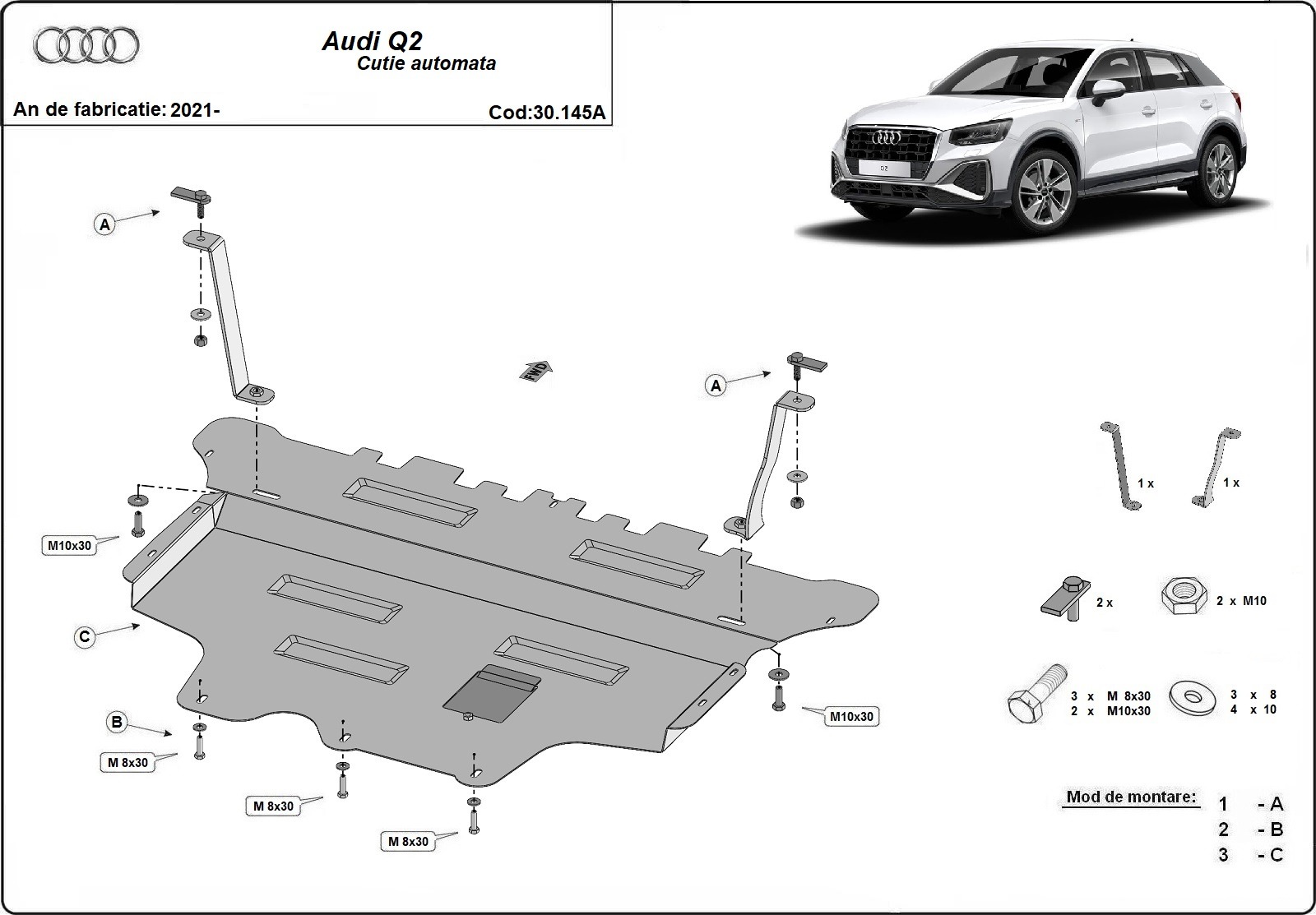 Ocelový kryt olejové vany pro Audi Q2 - automatická převodovka 2021 - 2026, všechny motory