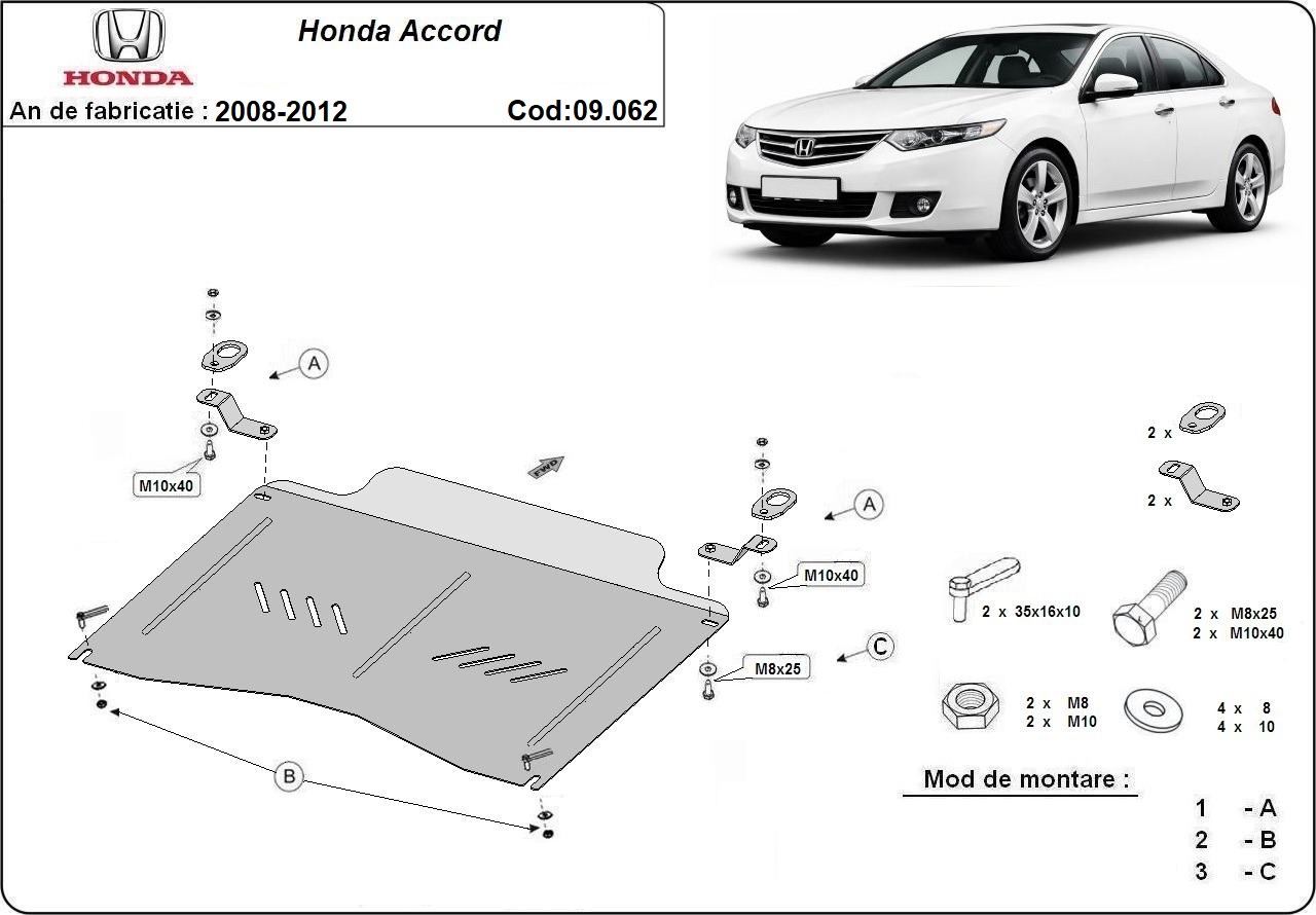Ocelový kryt olejové vany pro ochranu motoru a převodovky pro Honda Accord 2008 - 2012, 2.0, 2,4