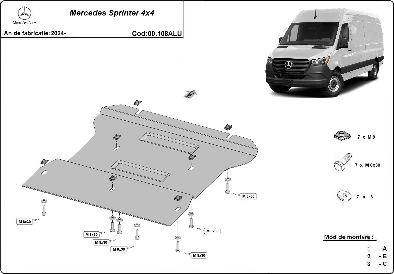 Hliníkový kryt převodovky pro Mercedes Sprinter 4x4 2024 - 2026, všechny motory