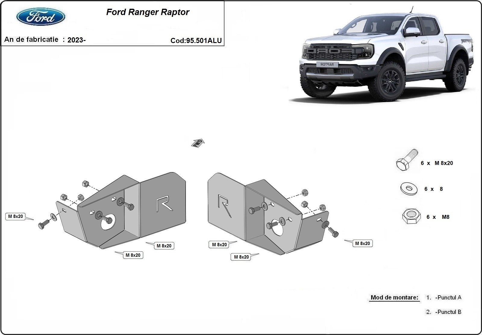 Hliníkový kryt senzoru zadního vlečného ramene Ford Ranger Raptor 2023 - 2026, všechny motory