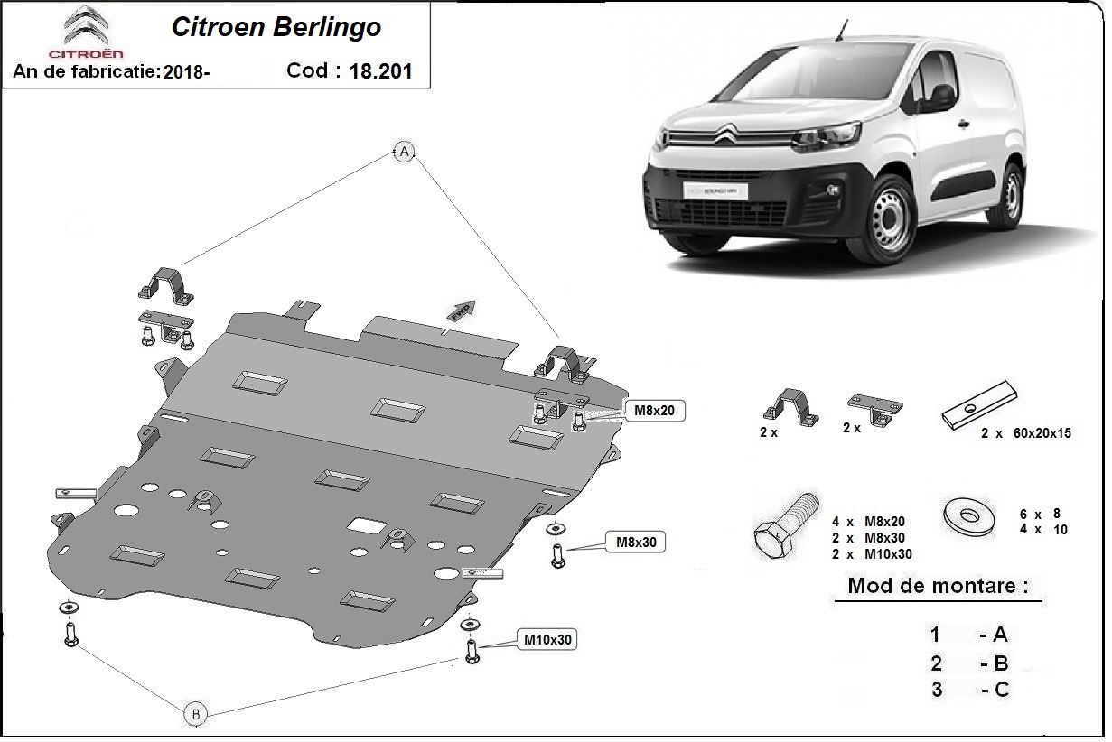 Ocelová ochrana pod olejovou vanu pro Citroen Berlingo 2018 - 2026, všechny motory