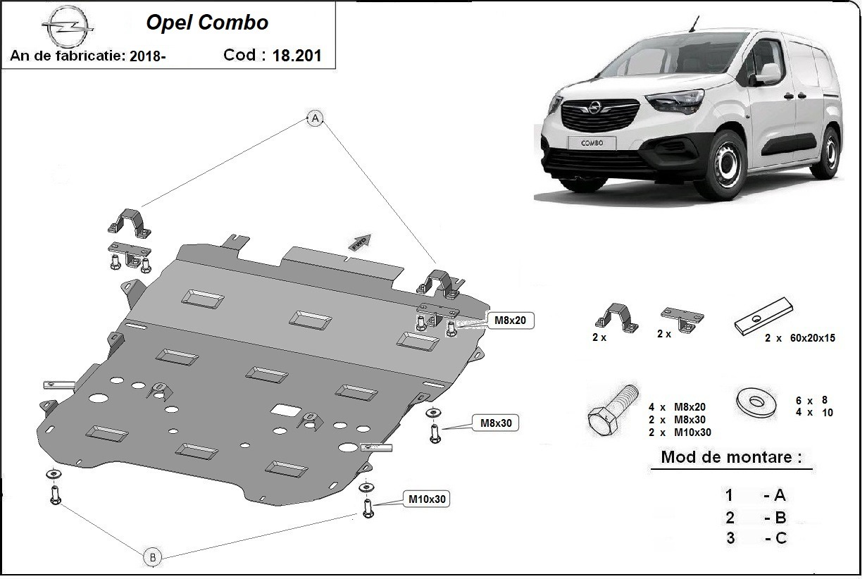 Ocelový kryt olejové vany pro Vauxhall Combo C 2018 - 2026, všechny motory