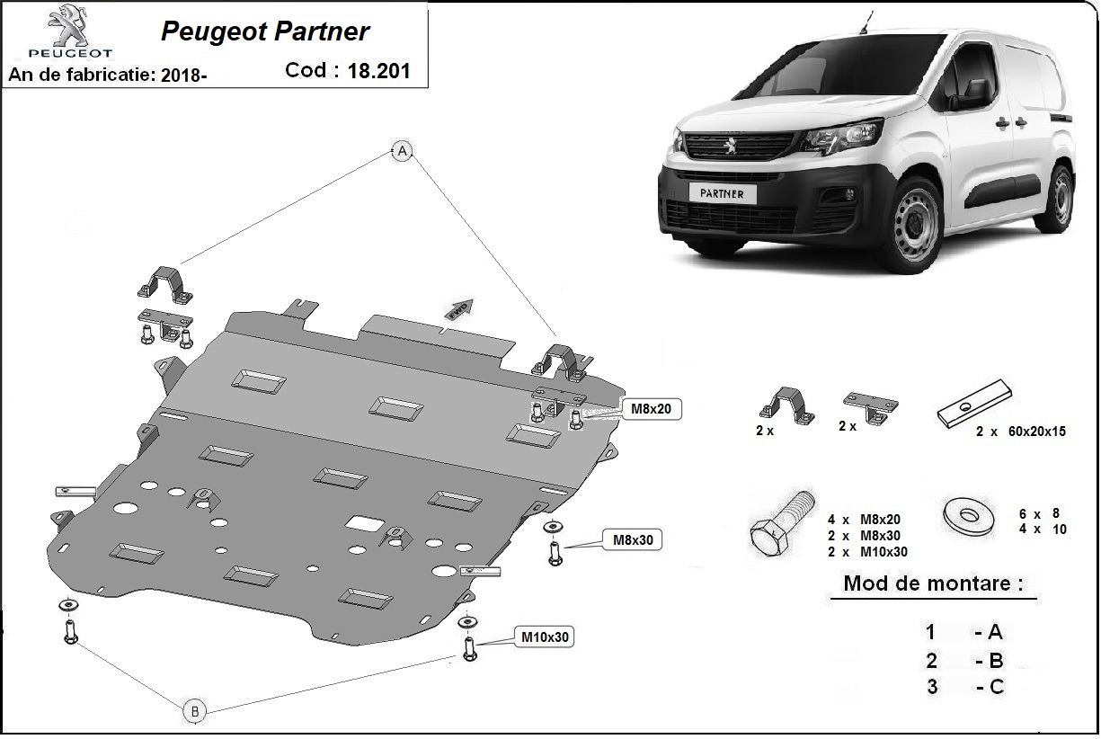Ocelový kryt olejové vany pro Peugeot Partner 2018 - 2026, všechny motory