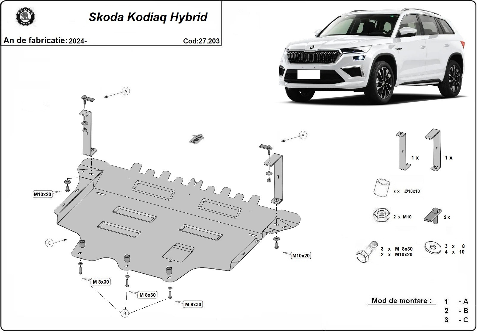 Ocelová ochrana pod olejovou vanu pro Škoda Kodiaq 2024 - 2026, hybrid