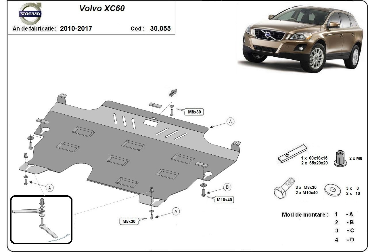 Ocelový kryt olejové vany pro ochranu motoru a převodovky pro Volvo XC60 2010 - 2017, všechny motory
