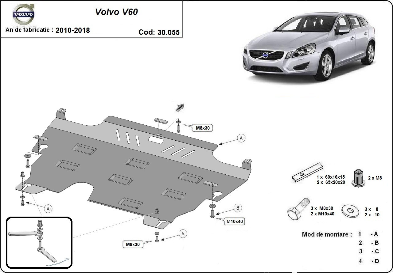 Ocelový kryt olejové vany pro Volvo V60 2010 - 2018, všechny motory