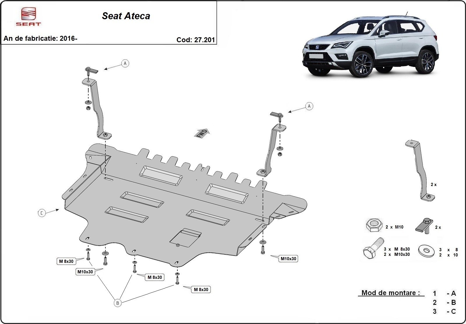 Ocelový kryt olejové vany pro Seat Ateca 2016 - 2026, všechny motory