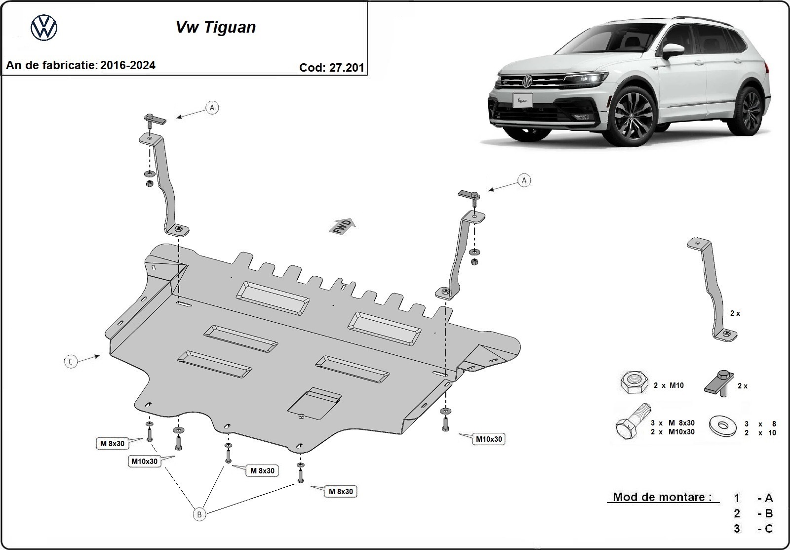 Ocelový kryt olejové vany pro VW Tiguan 2016 - 2024, všechny motory