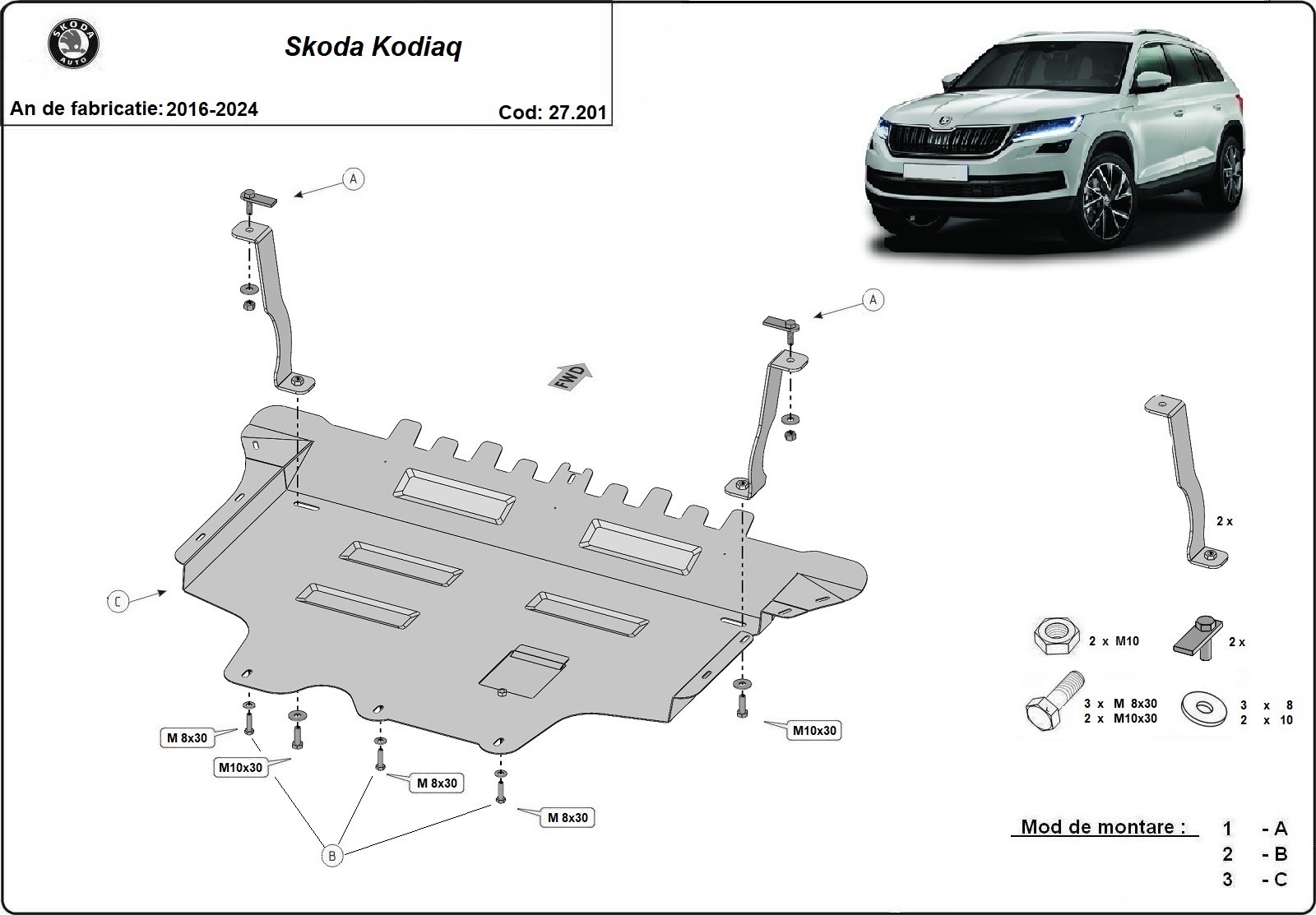 Ocelová ochrana pod olejovou vanu pro Škoda Kodiaq 2016 - 2024, všechny motory
