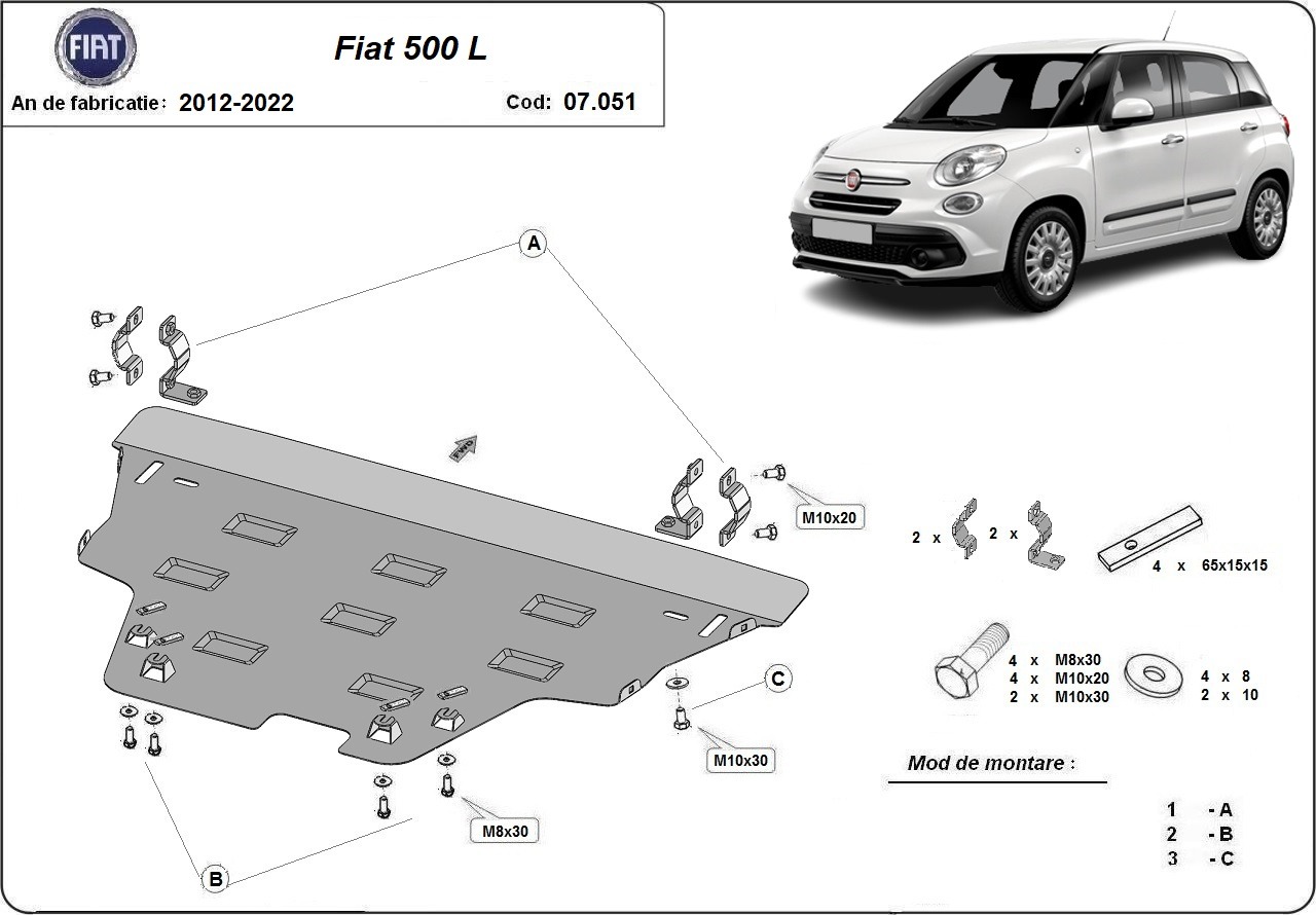Ocelový kryt olejové vany pro Fiat 500 L 2012 - 2022, všechny motory