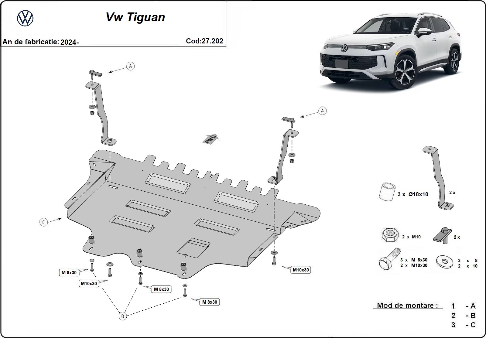Ocelový kryt olejové vany pro VW Tiguan 2024 - 2026, non-hybrid