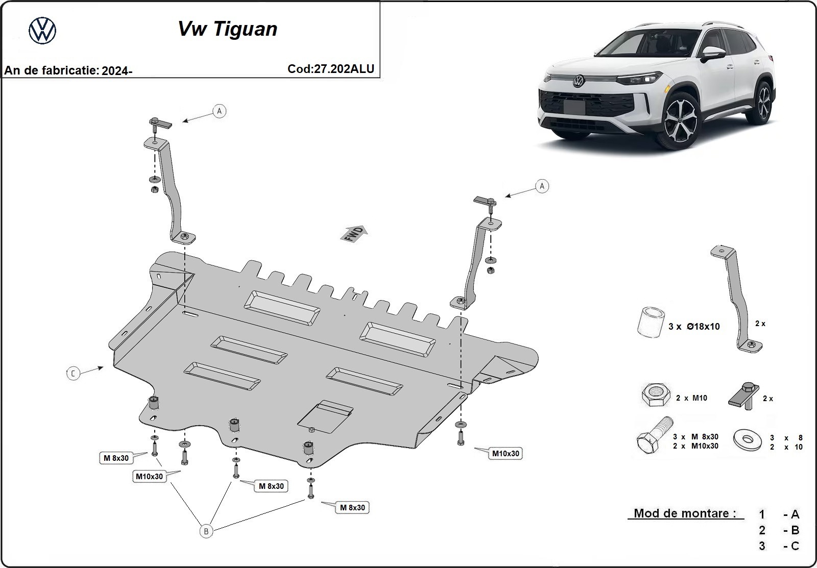 Hliníkový kryt olejové vany pro VW Tiguan 2024 - 2026, non-hybrid