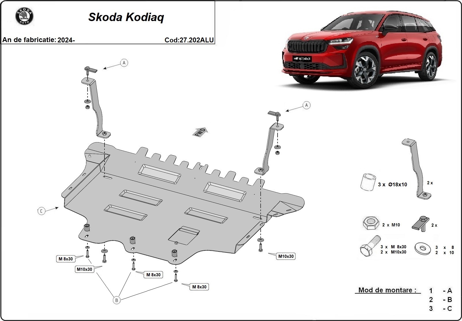 Hliníkový kryt olejové vany pro Škoda Kodiaq 2024 - 2026, všechny motory