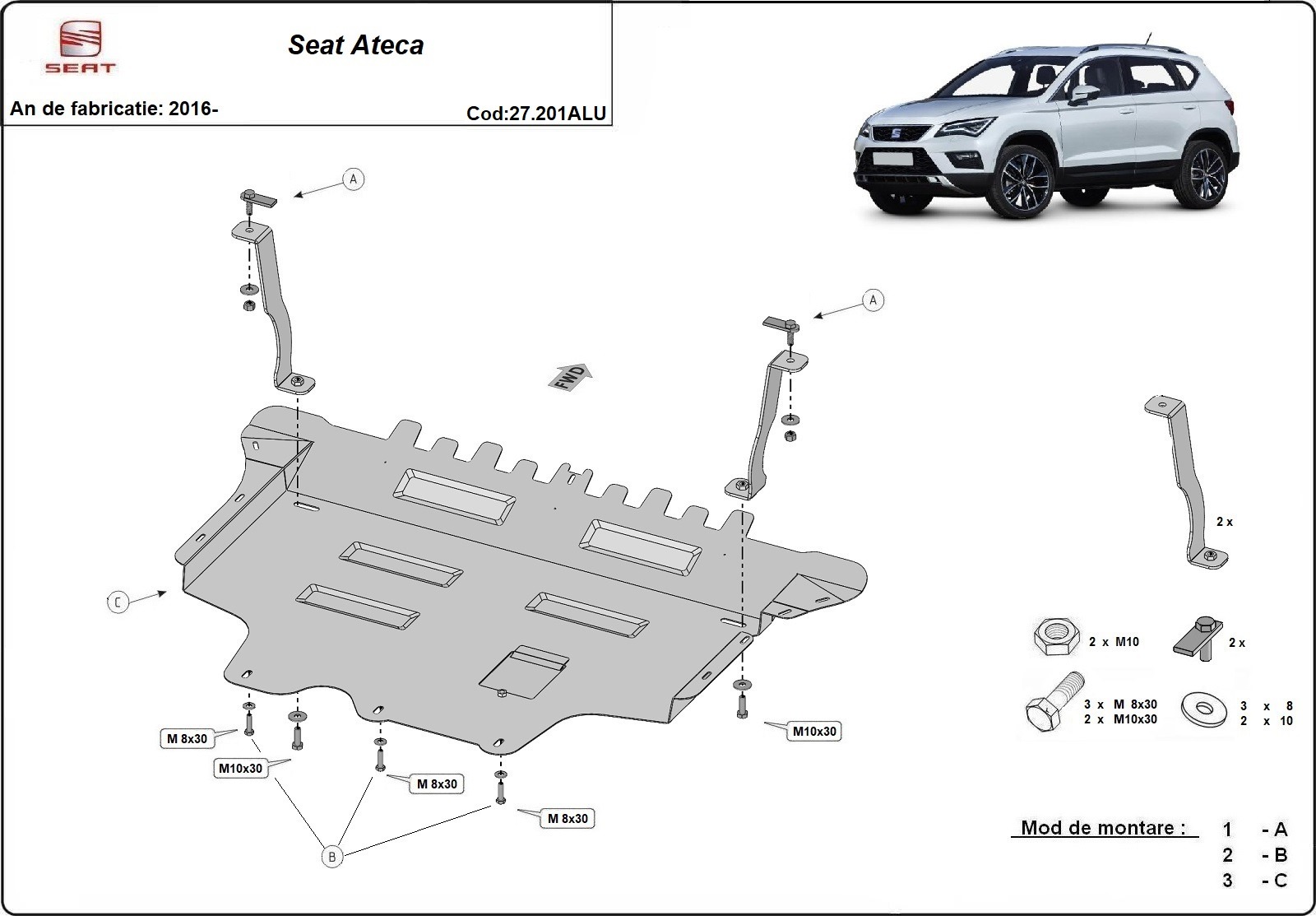 Hliníkový kryt olejové vany pro Seat Ateca 2016 - 2026, všechny motory