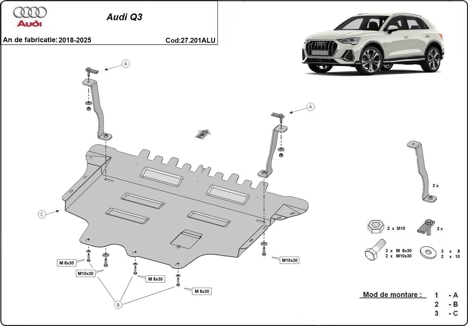 Hliníkový kryt pod olejovou nádrž pro Audi Q3 2018 - 2025, všechny motory